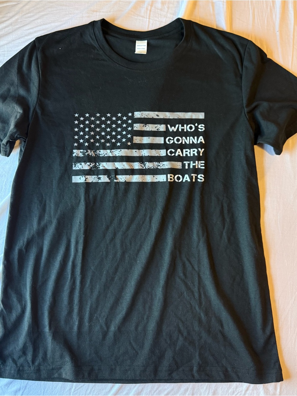 Gildan Black Short-Sleeve Tee with Distressed Flag and Slogan